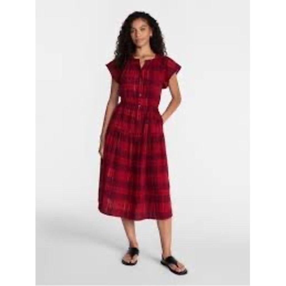 New Time and Tru Red Plaid Tiered Midi Dress Pockets XXXL 3X 22 Boho Cottagecore